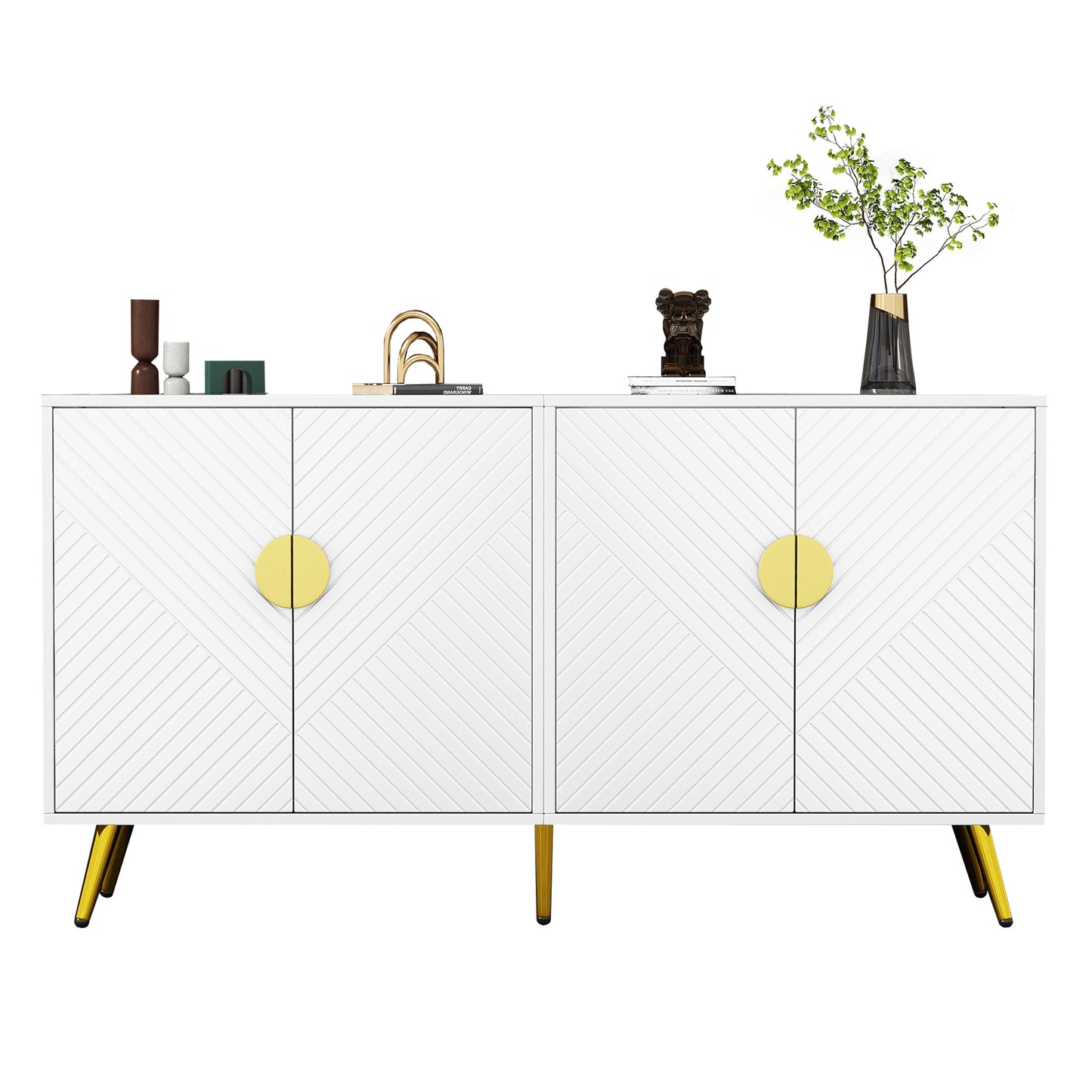 Luxurious White and Gold Side Cabinet with Bias Stripe - Versatile Storage Solution