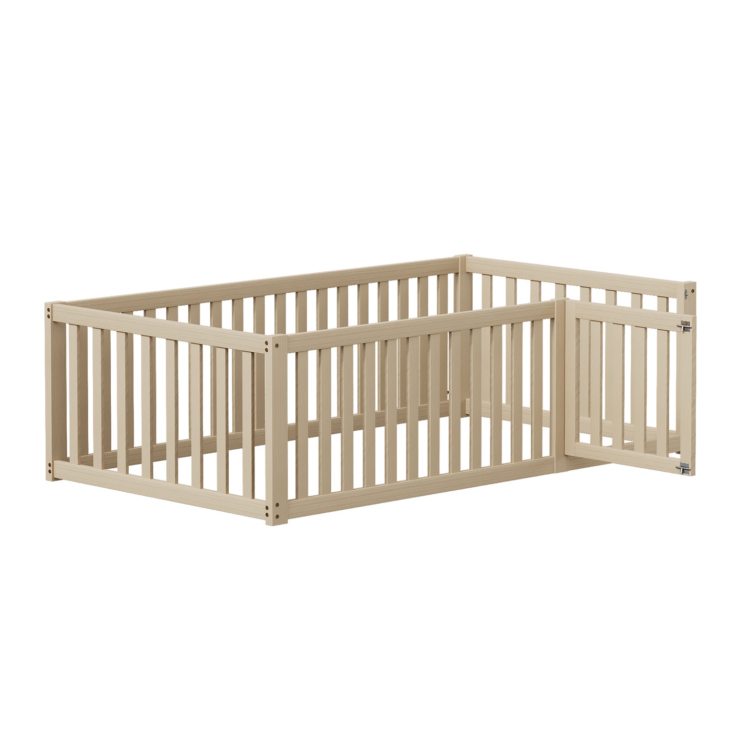 Children's Wooden Floor Bed Frame with Fence and Door - 90x200 cm