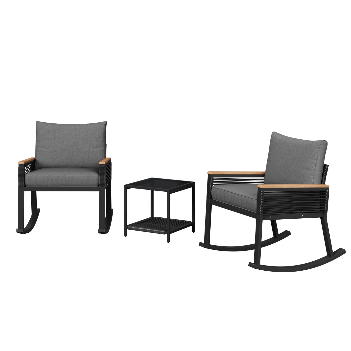 3-piece set, rope rocking chair set, glass coffee table with seat cushion and backrest, suitable for garden, terrace
