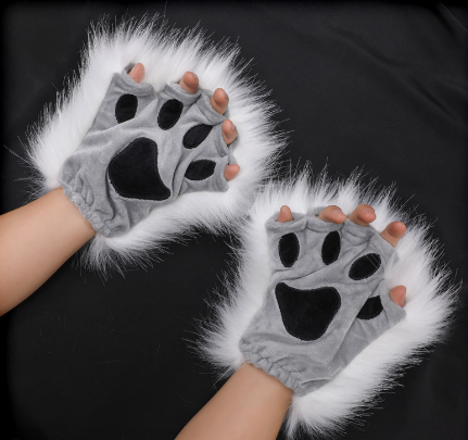 (Y)Long Fur Wolf Paws Gloves 1 Pair Animal Roleplay Furry Accessory Puppy Paws