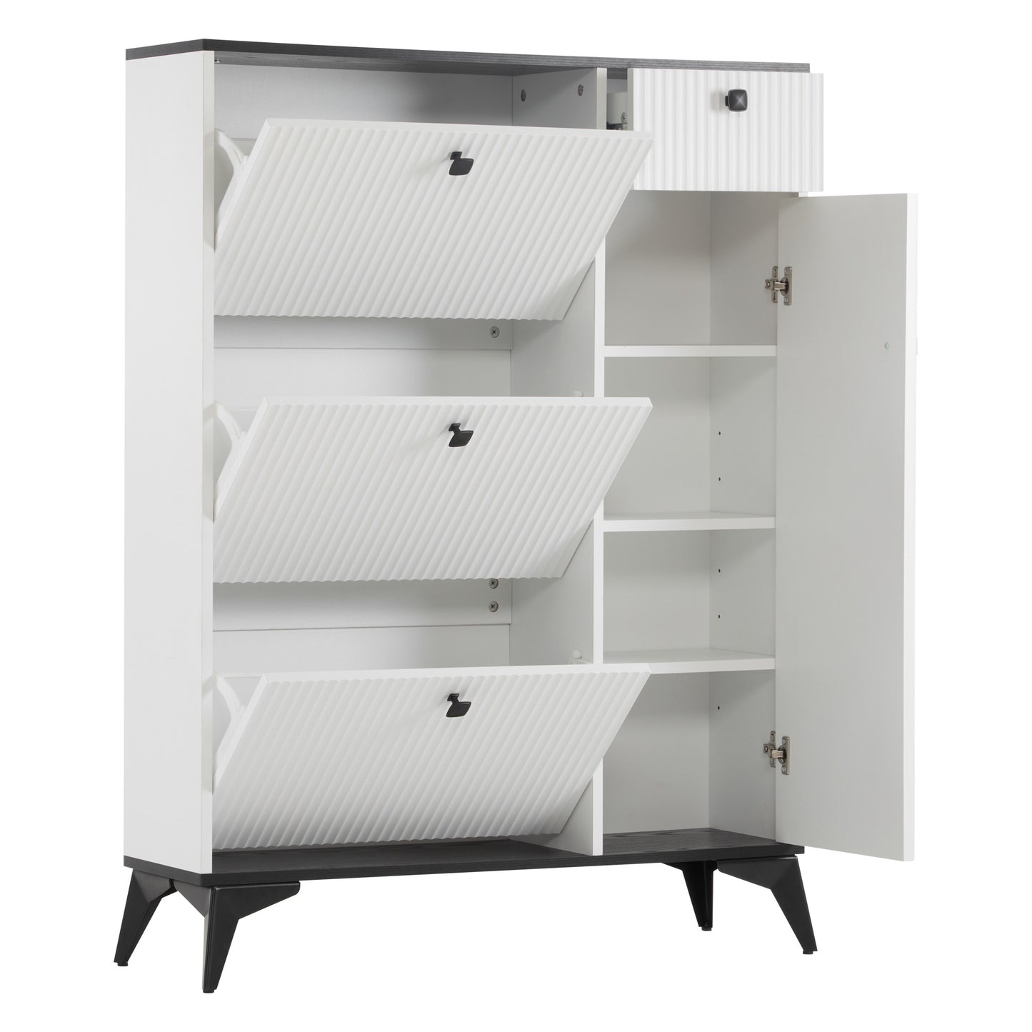 White Narrow Shoe Cabinet with 3 Flaps, 1 Drawer, and 1 Door