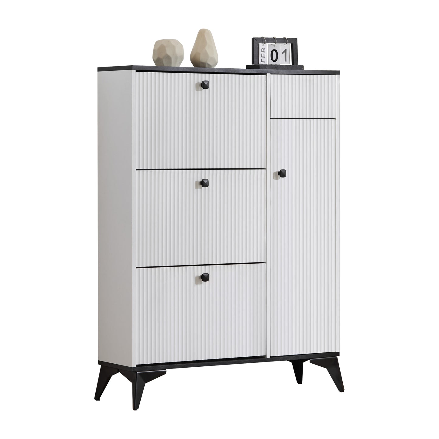 White Narrow Shoe Cabinet with 3 Flaps, 1 Drawer, and 1 Door