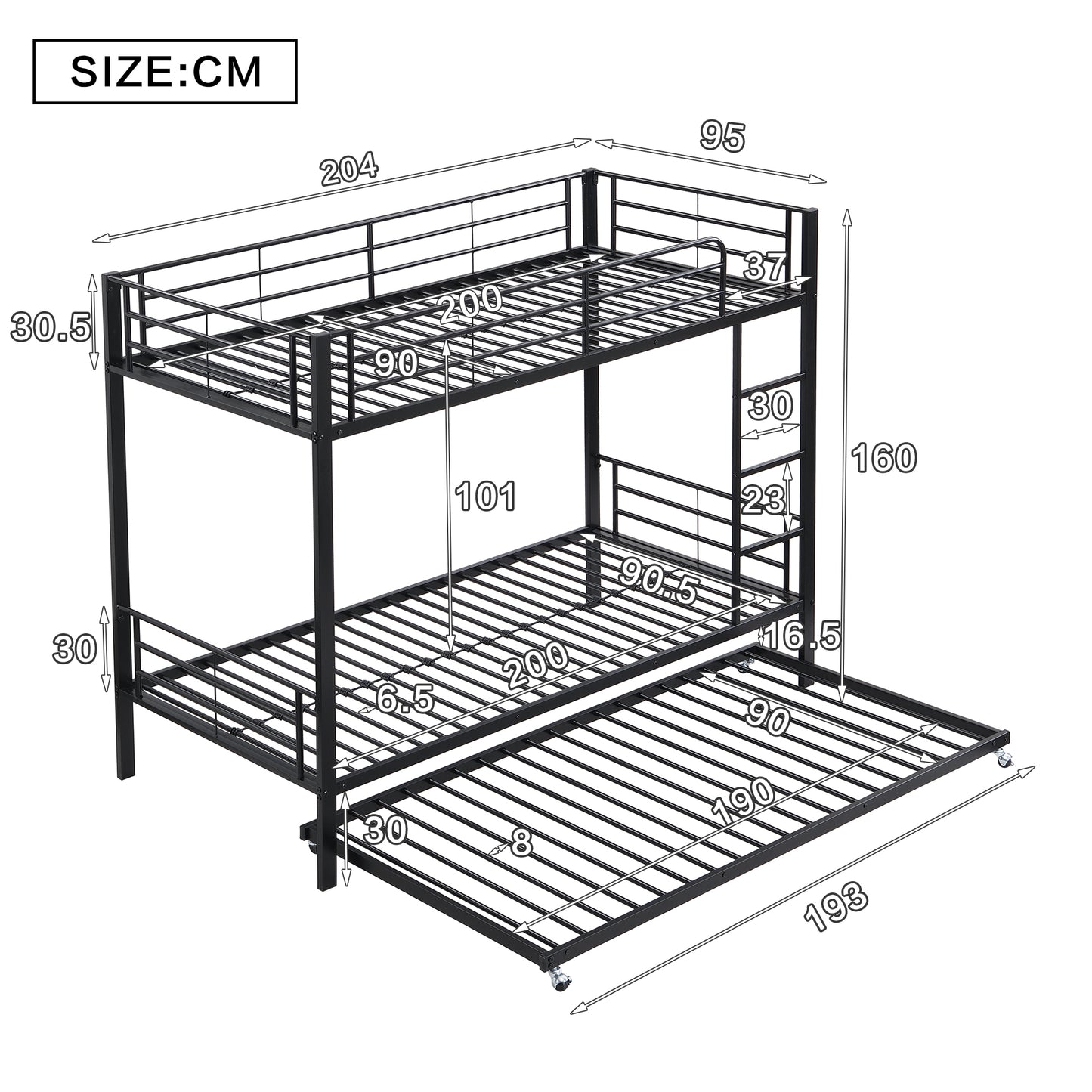 Black Iron Bunk Bed with Pull-Out Bed - Children and Teenagers' Space-Saving Solution, 90x200cm