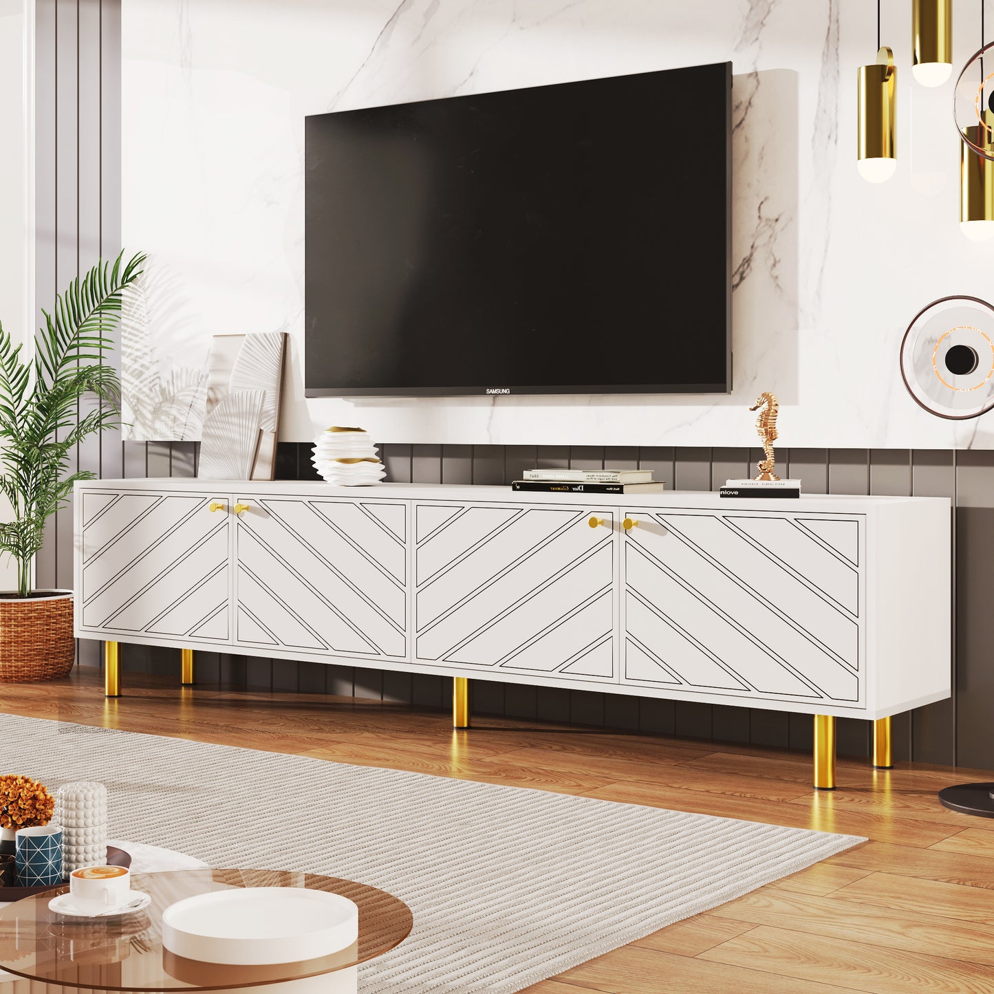 Elegant White 4-Door TV Cabinet with Gold Hardware for Versatile Interiors