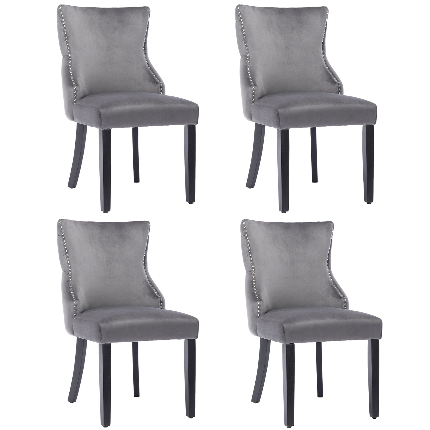 4-Piece Gray Velvet Dining Chair Set with Button Quilting and Solid Wood Frame