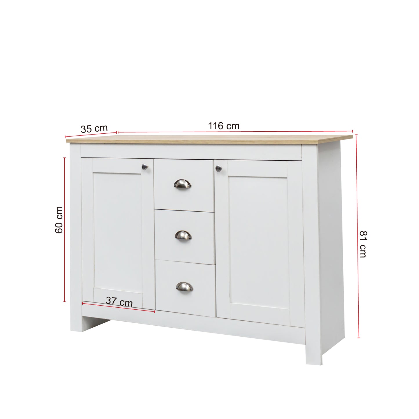 116cm Warm White Wooden Sideboard with 2 Doors, 3 Drawers,Silver Handles