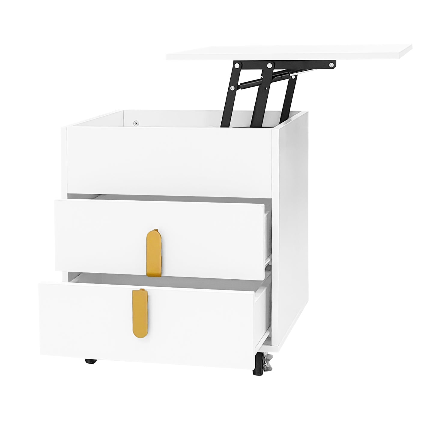 White Modern Bedside Table with USB Charging, Lifting Table, and Movable Pulley Design