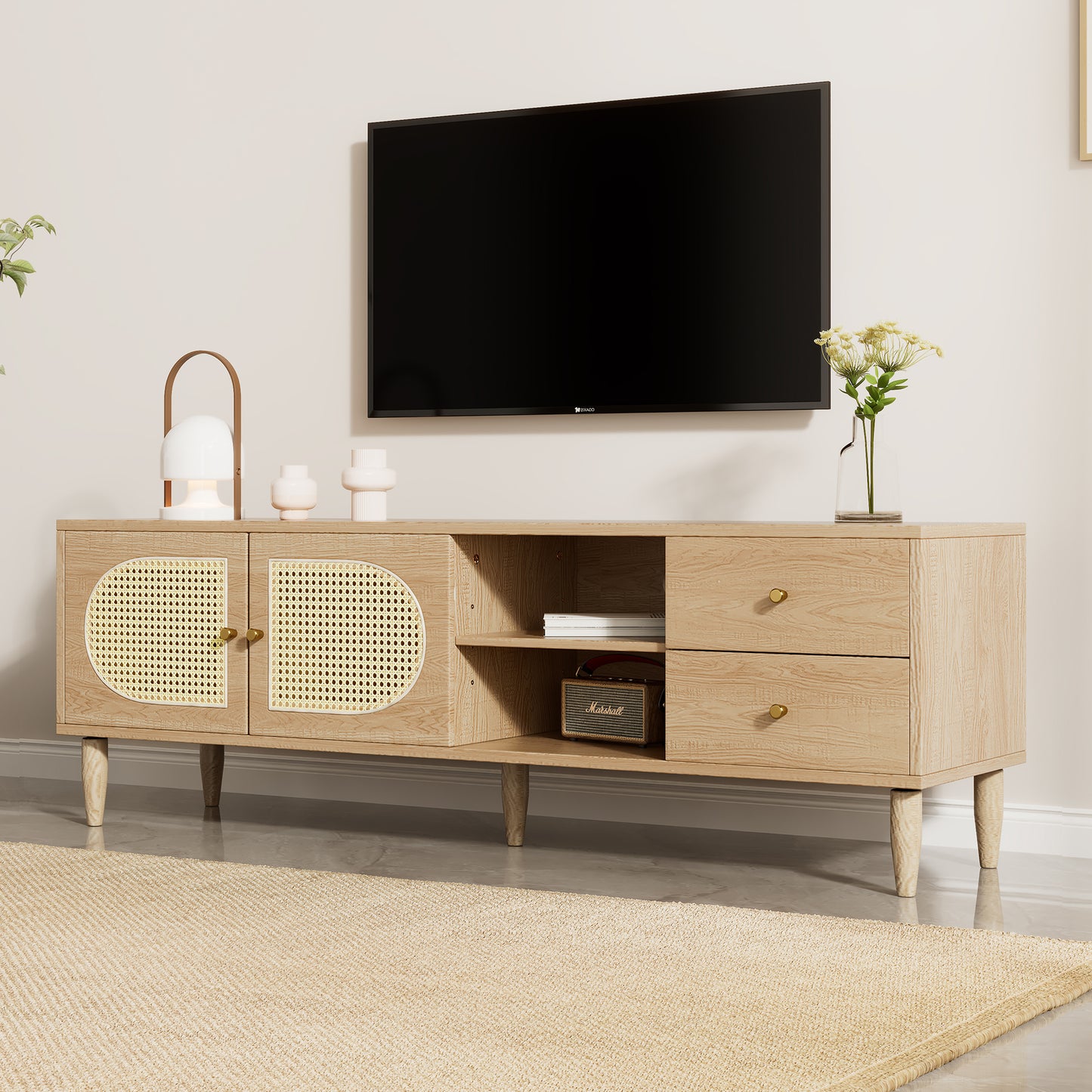 150cm Rattan TV Cabinet with Adjustable Shelf for 60 inches TVs