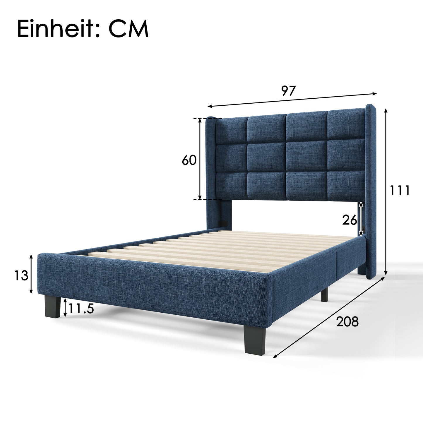 (Z)Simple style blue linen single bed frame with bed board, without mattress