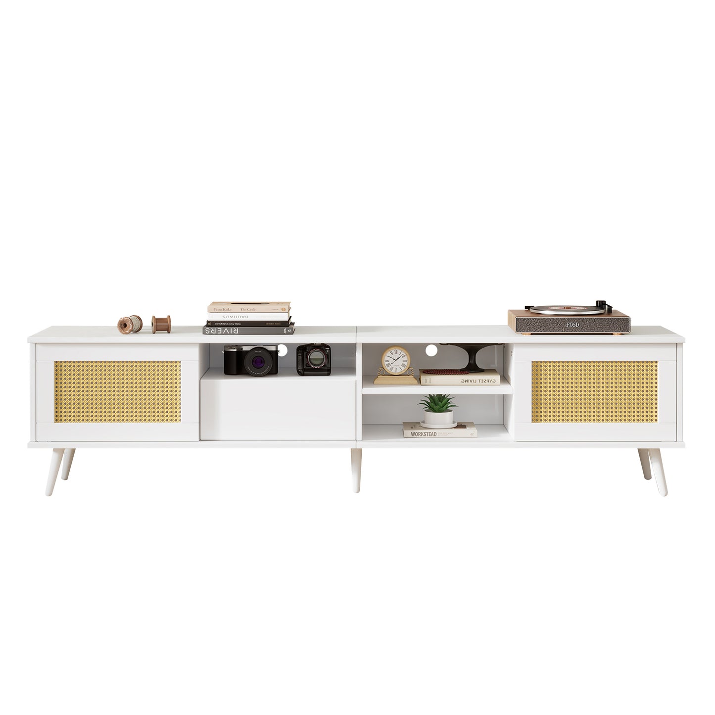 White Rattan 200cm TV Stand for 90 inches TVs with Storage and LED Lighting