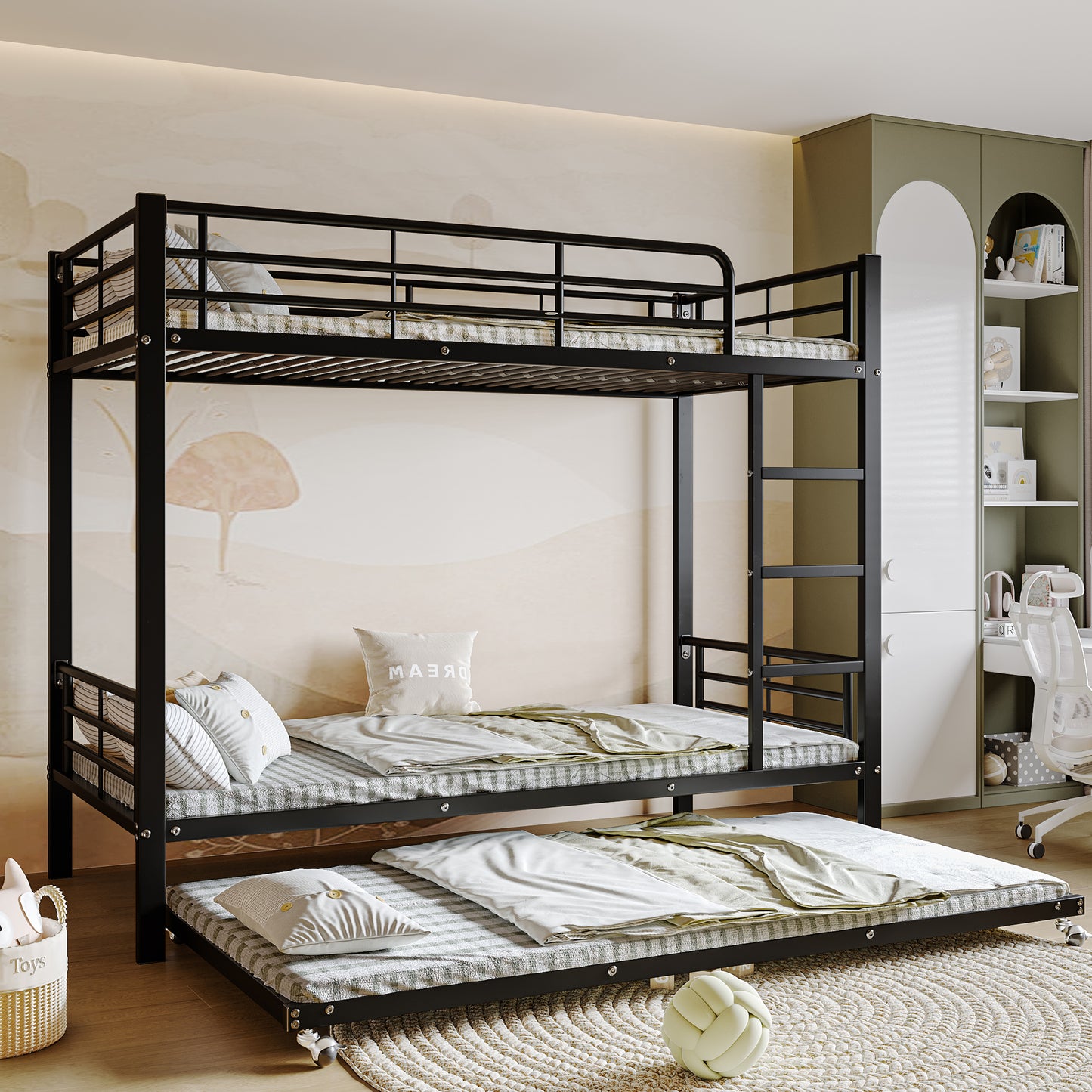 Black Iron Bunk Bed with Pull-Out Bed - Children and Teenagers' Space-Saving Solution, 90x200cm