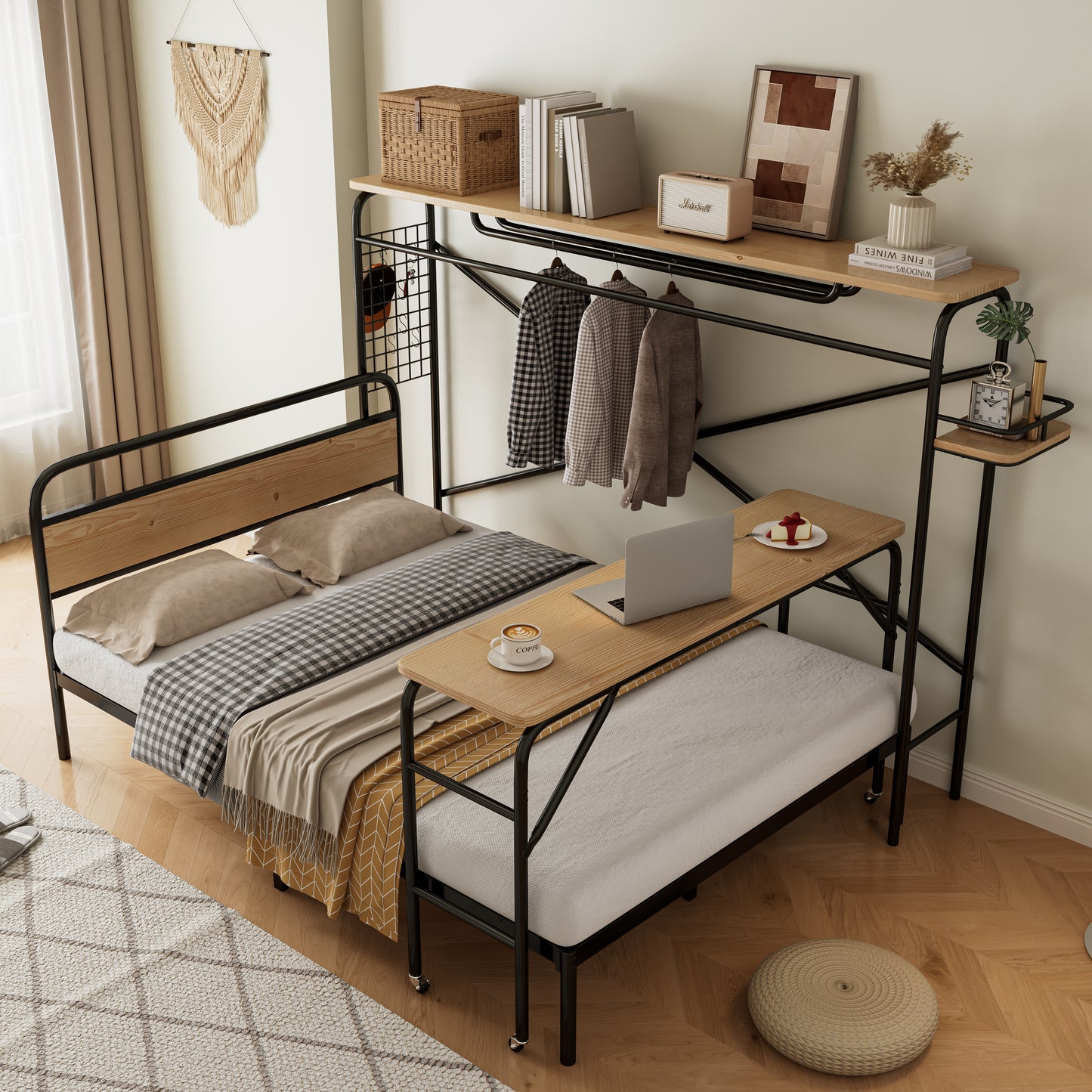 Black Metal Bed with Table, Vertical Coat Rack, and Storage - 140x200 cm