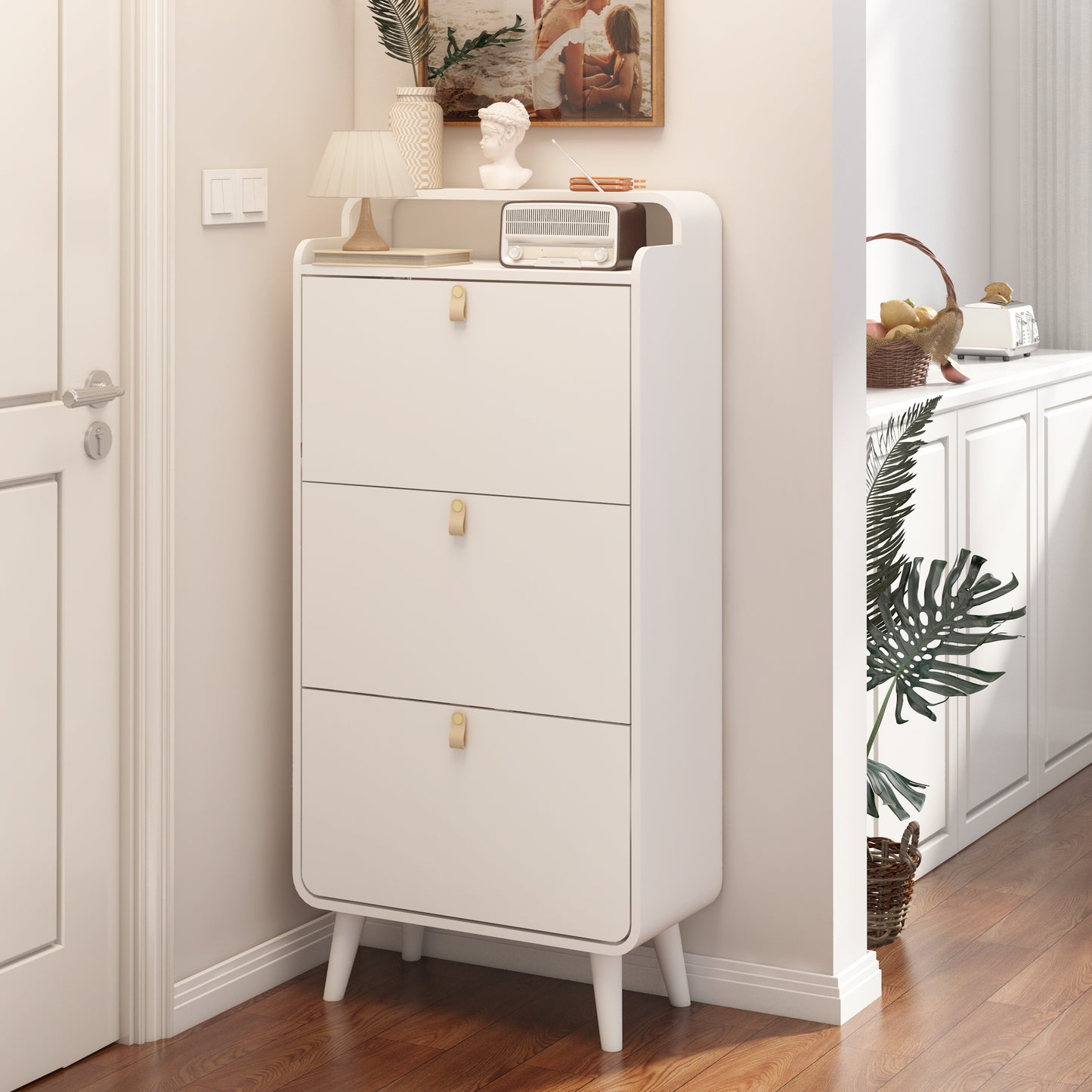 White Freestanding Shoe Storage Cabinet with 3 Folding Drawers, Tilting Organizer & Top Compartment for Entryway