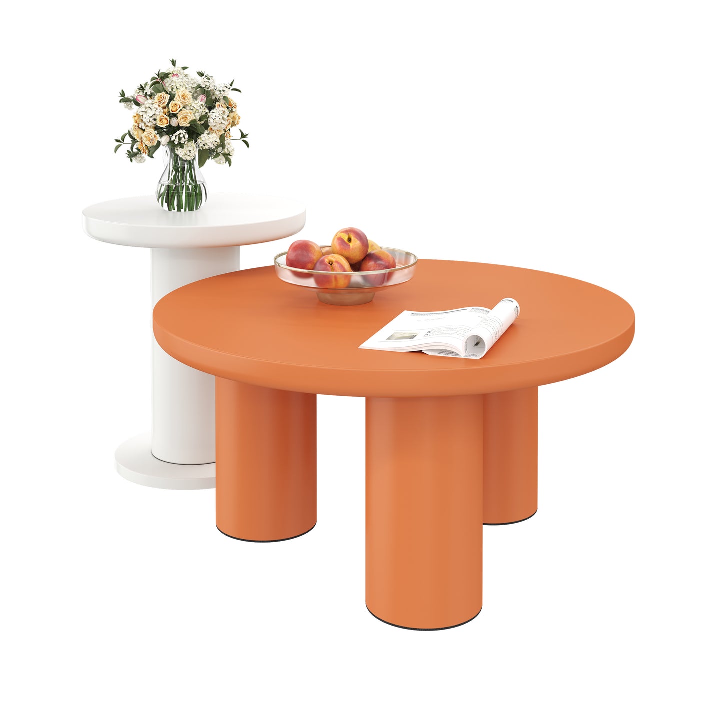 Stylish Round Coffee Table Set-White,Orange with Cream Accents