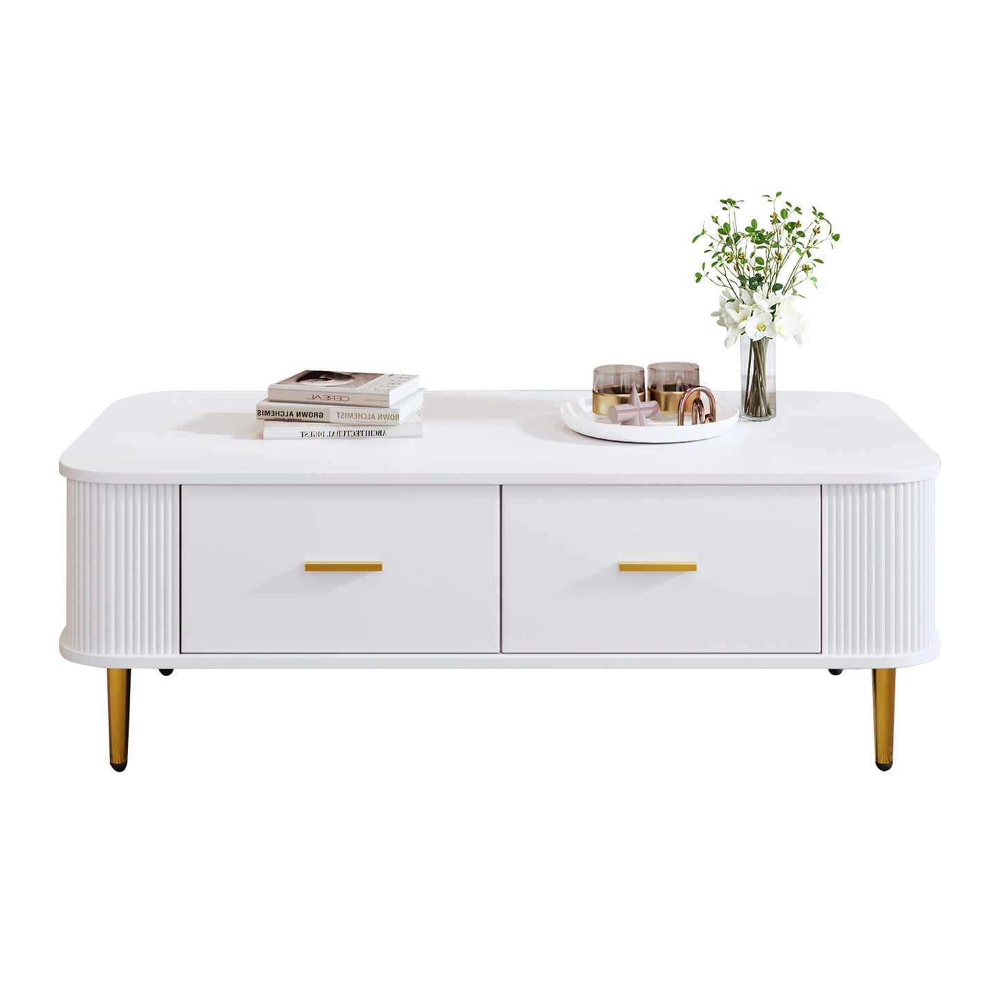 Elegant Wavy Sides Coffee Table with Gold Handles and Drawers
