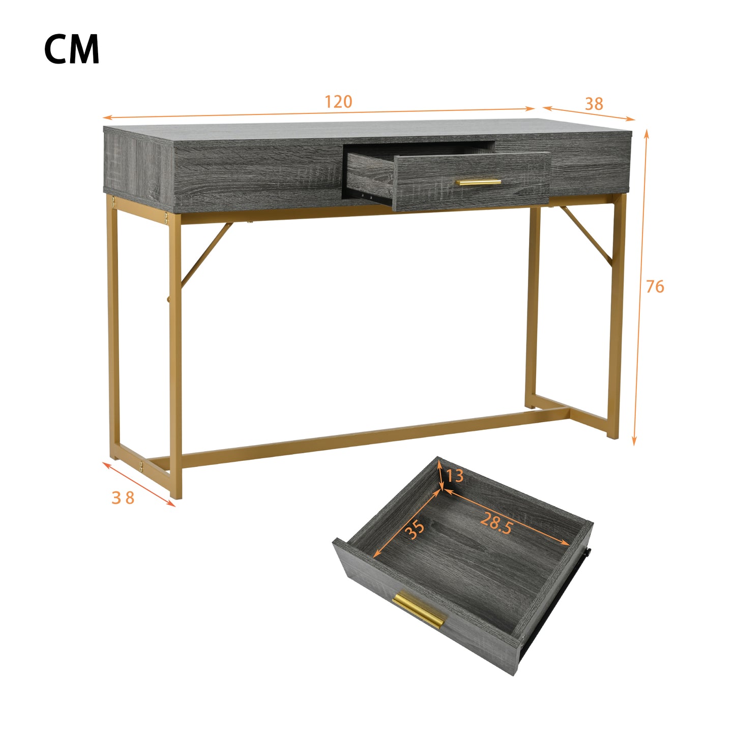 (Z)Console table Hallway Table with 1 Drawer Light Luxury Style Side Table Sofa Table 120x38x76 cm Grey/Gold