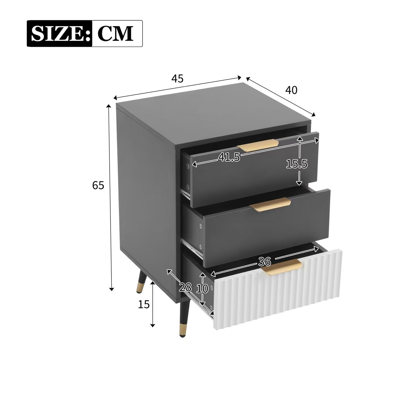 (Z)Elegant Grey and White Side Cabinet 45x40x65 cm - With 3 Drawers and Golden Accents Versatile and Safe Sideboard Side cabinet Sofa Table or Bedside Table