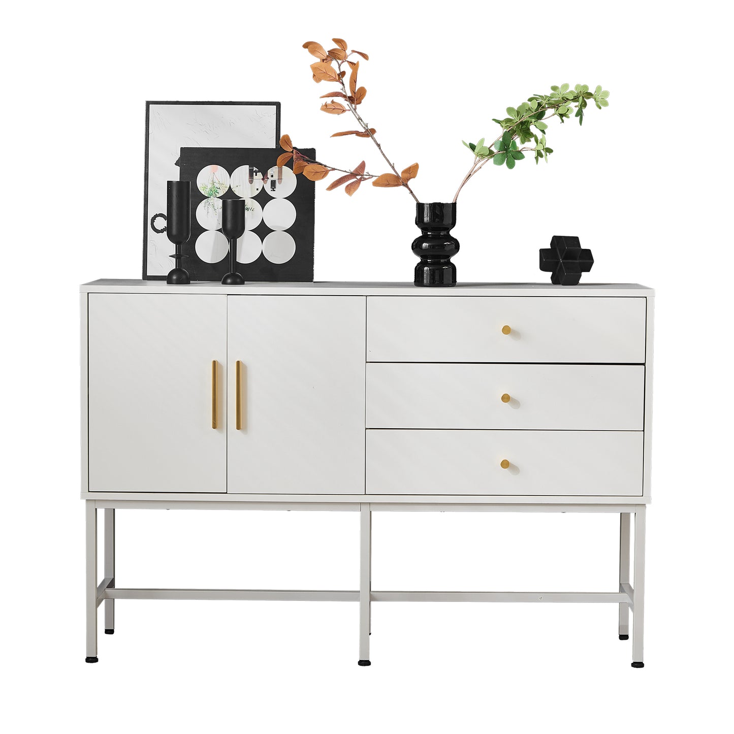 Elegant White Sideboard Cabinet with 2 Doors & 3 Drawers, Gold Handles, Metal Feet, 120cm Wide