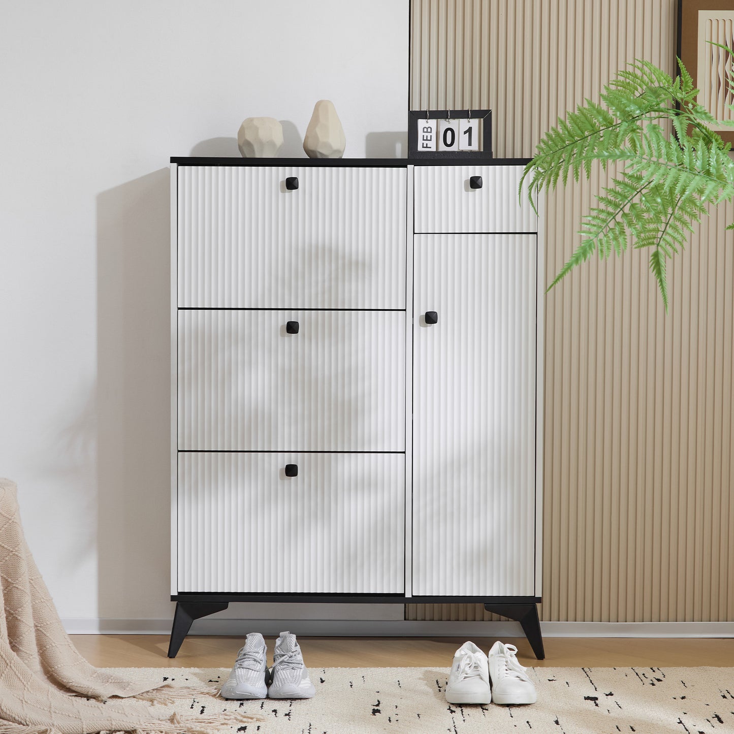 White Narrow Shoe Cabinet with 3 Flaps, 1 Drawer, and 1 Door