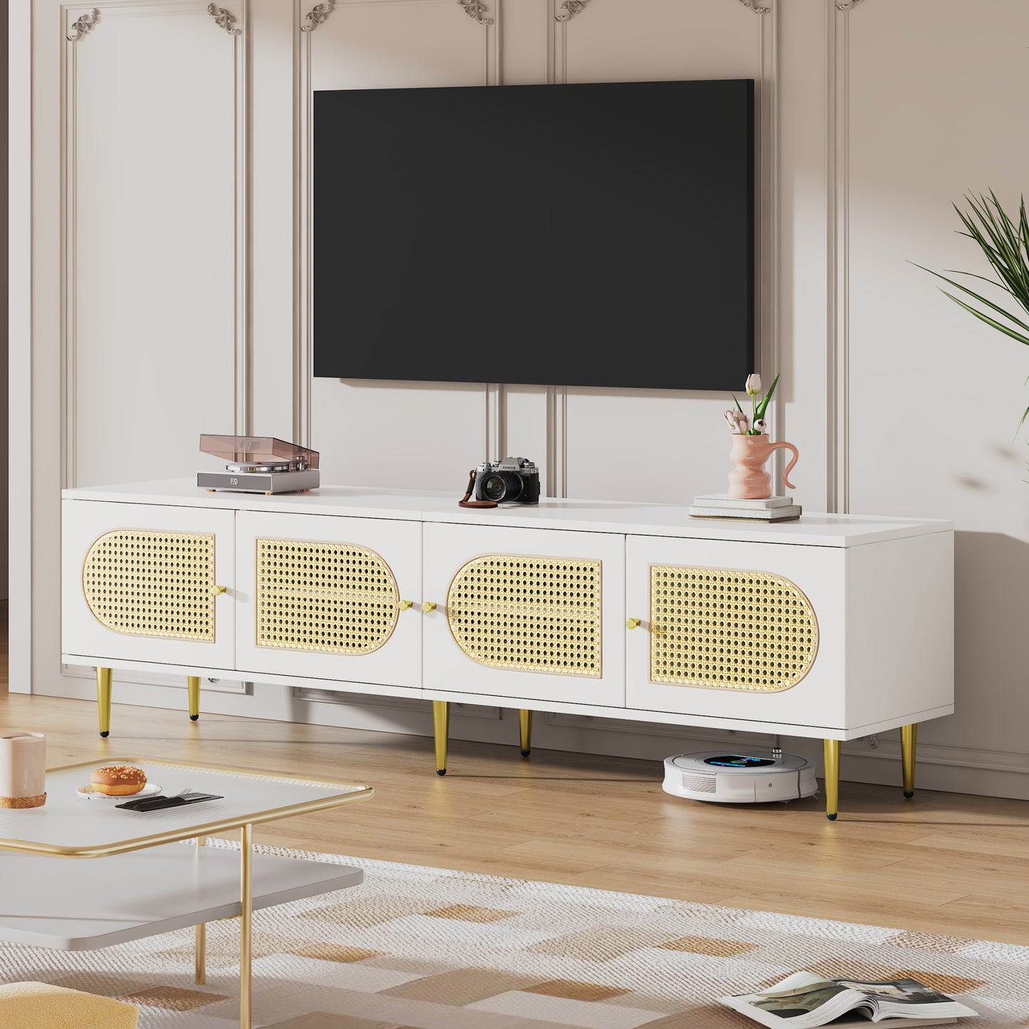 180x40x50 cm White Rattan TV Cabinet - 4 Doors, Adjustable Shelves, Cable Mgmt