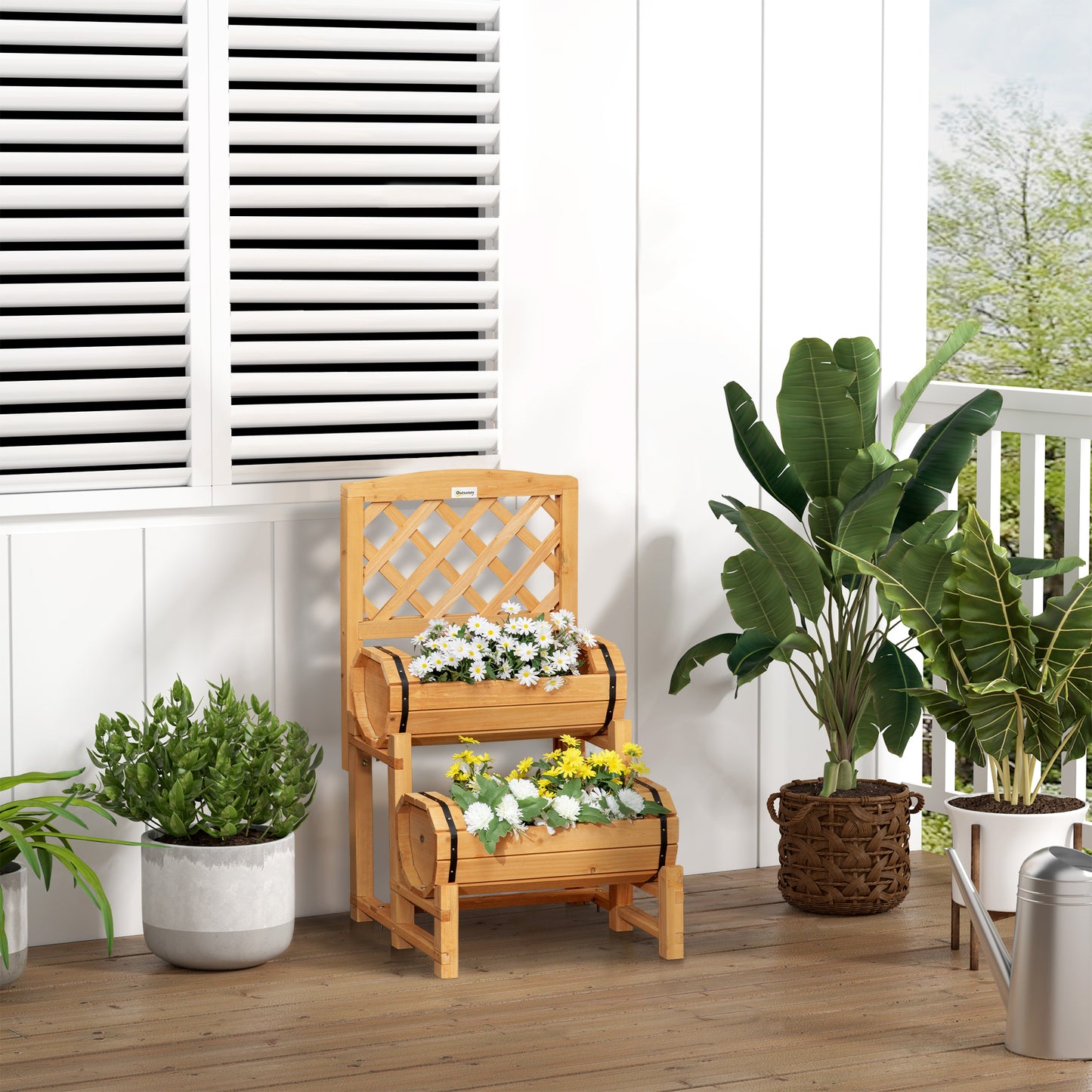 Raised bed wooden flower box with trellis 45 x 45 x 80 cm rustic design for garden terrace balcony yellow vegetable patch