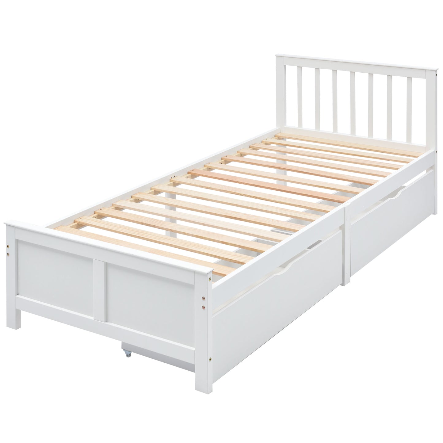 White Wooden Single Bed with Storage Drawers - Pinewood Frame-90x200cm