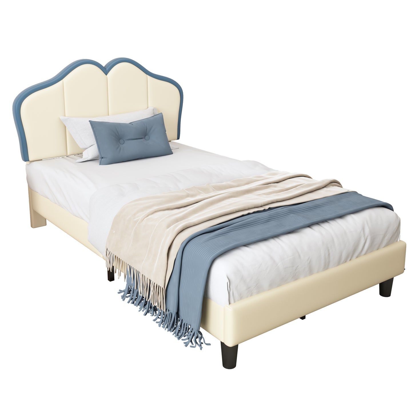 White-Blue PU Upholstered Children's Single Bed with Padded Headboard