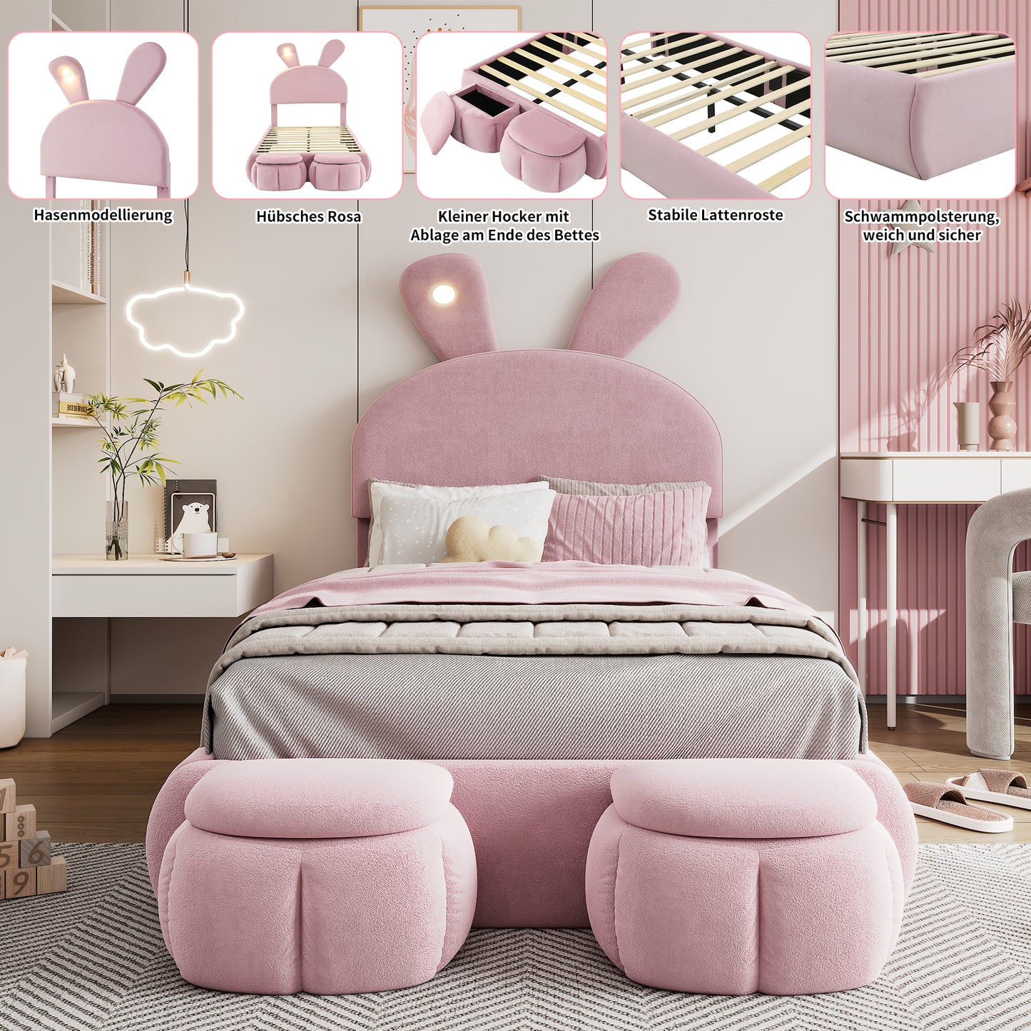 (Z)Upholstered bed Single bed Bunny Ears With Adjustable Brightness Warm-Coloured Light Strips With Two Storage Stools Children's Bed With Wooden Slats Velvet Pink 90x200CM