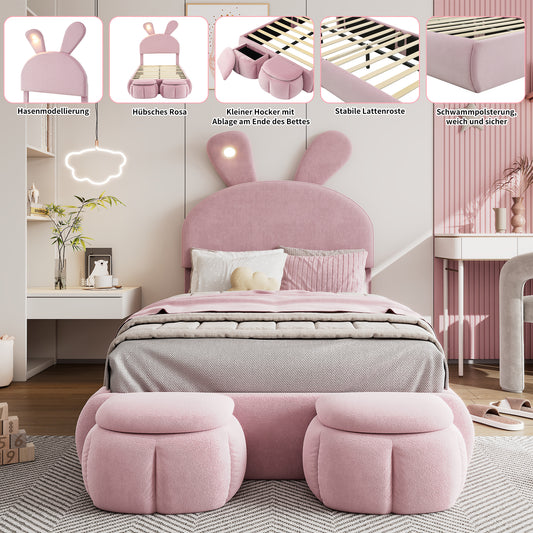 (Z)Upholstered bed Single bed Bunny Ears With Adjustable Brightness Warm-Coloured Light Strips With Two Storage Stools Children's Bed With Wooden Slats Velvet Pink 90x200CM