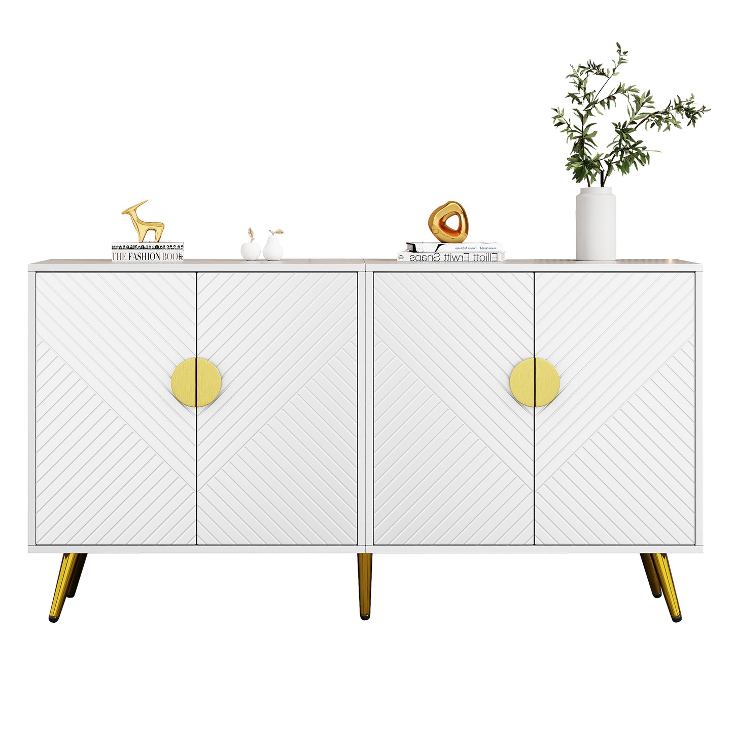 Luxurious White and Gold Side Cabinet with Bias Stripe - Versatile Storage Solution