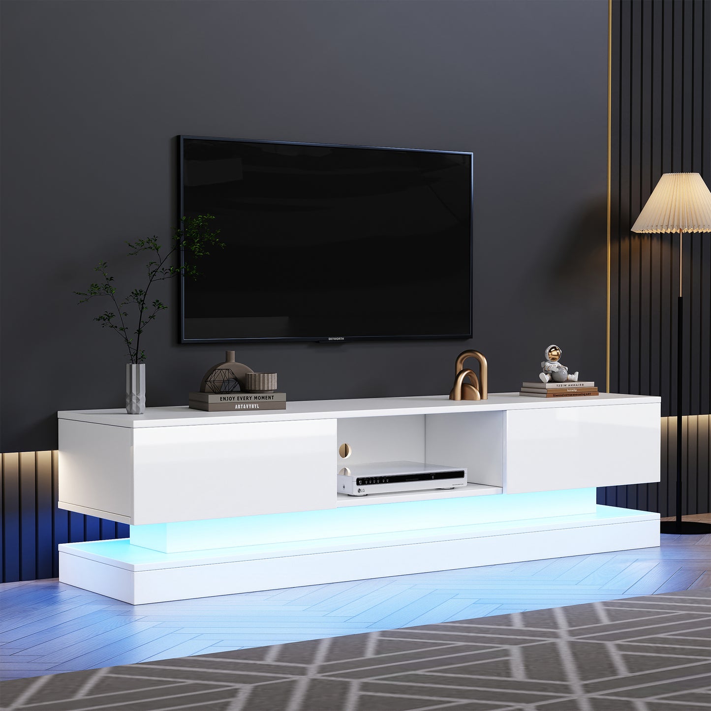 160cm  High Gloss TV Cabinet with LED Lighting and 2 Drawers