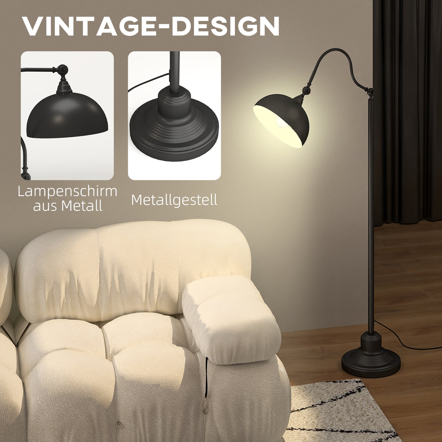 Floor lamp, floor lamp with E27 socket, adjustable lampshade, 40 W, arc lamp in vintage design, stable stand, black