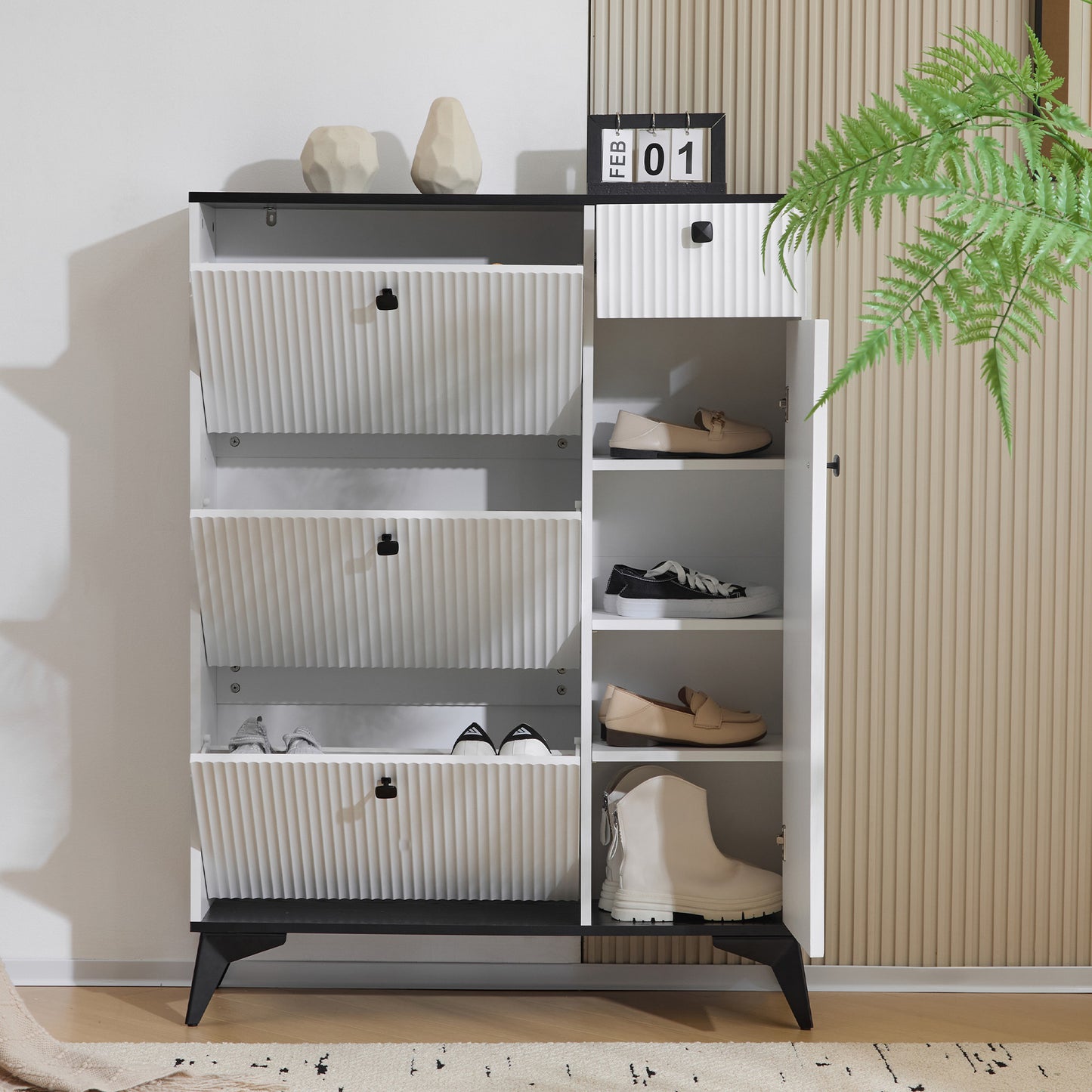 White Narrow Shoe Cabinet with 3 Flaps, 1 Drawer, and 1 Door