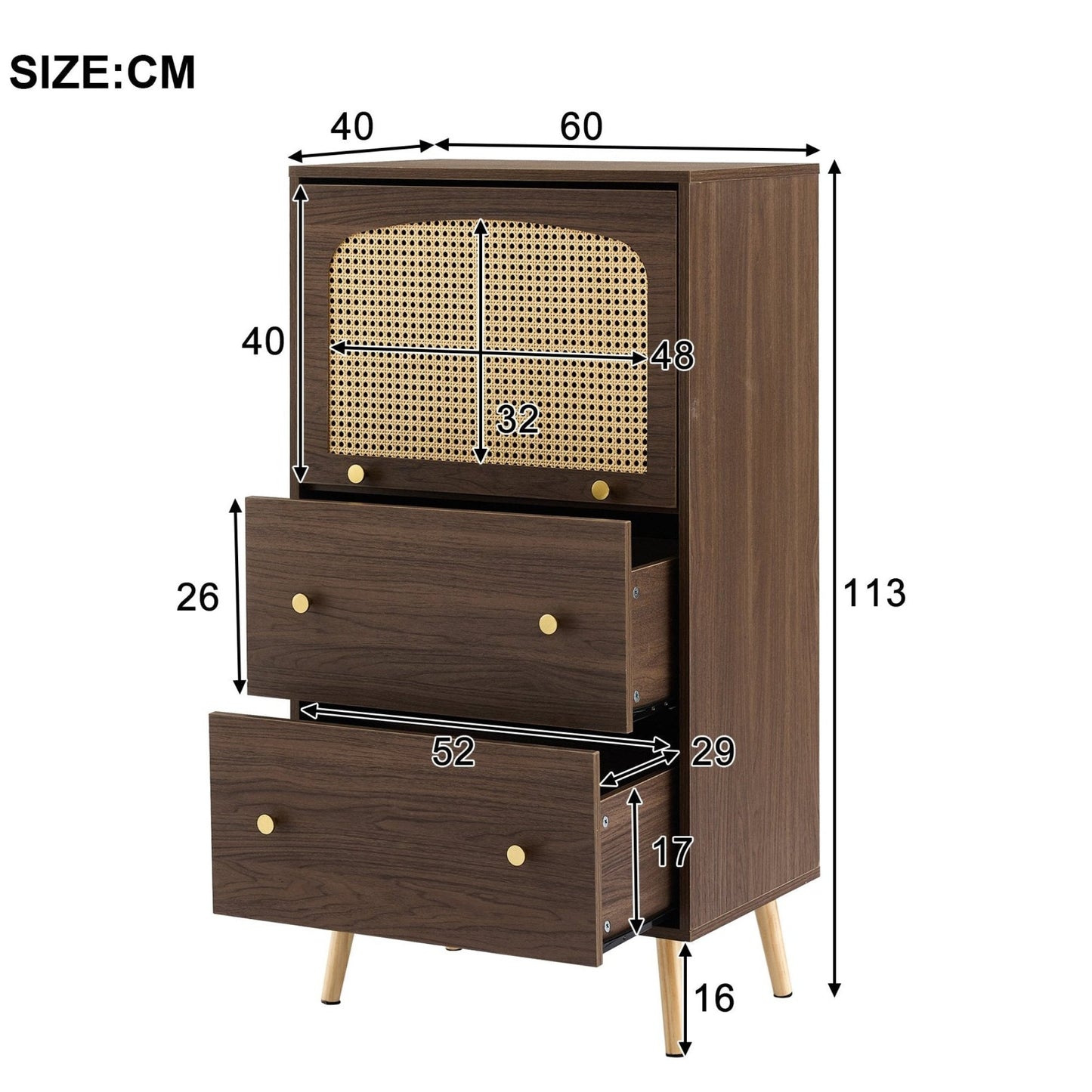 Rattan-Detail Walnut Cabinet - Modern Storage with Sliding Door- Gold Legs