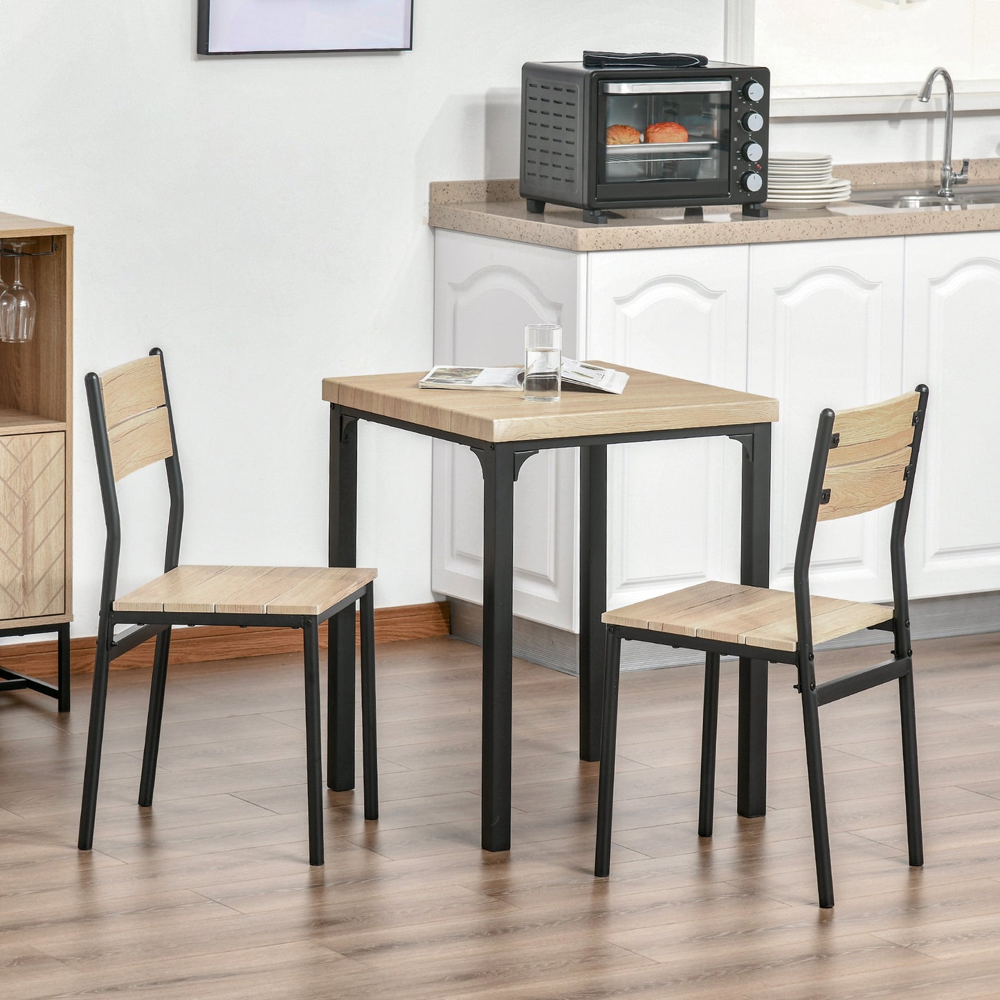 Dining Table Kitchen Table and Chair Set Natural Wood Grain + Black (Including 1 Table + 2 Chairs)