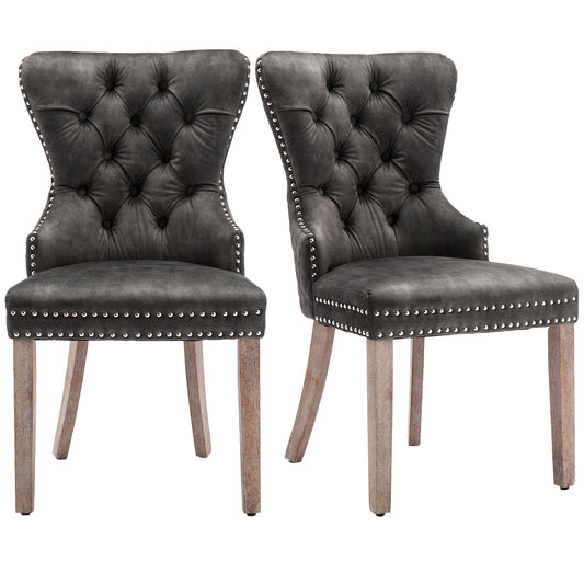 Grey Velvet Dining Chairs with Nailhead Trim-Solid Wood Legs, Set of 2