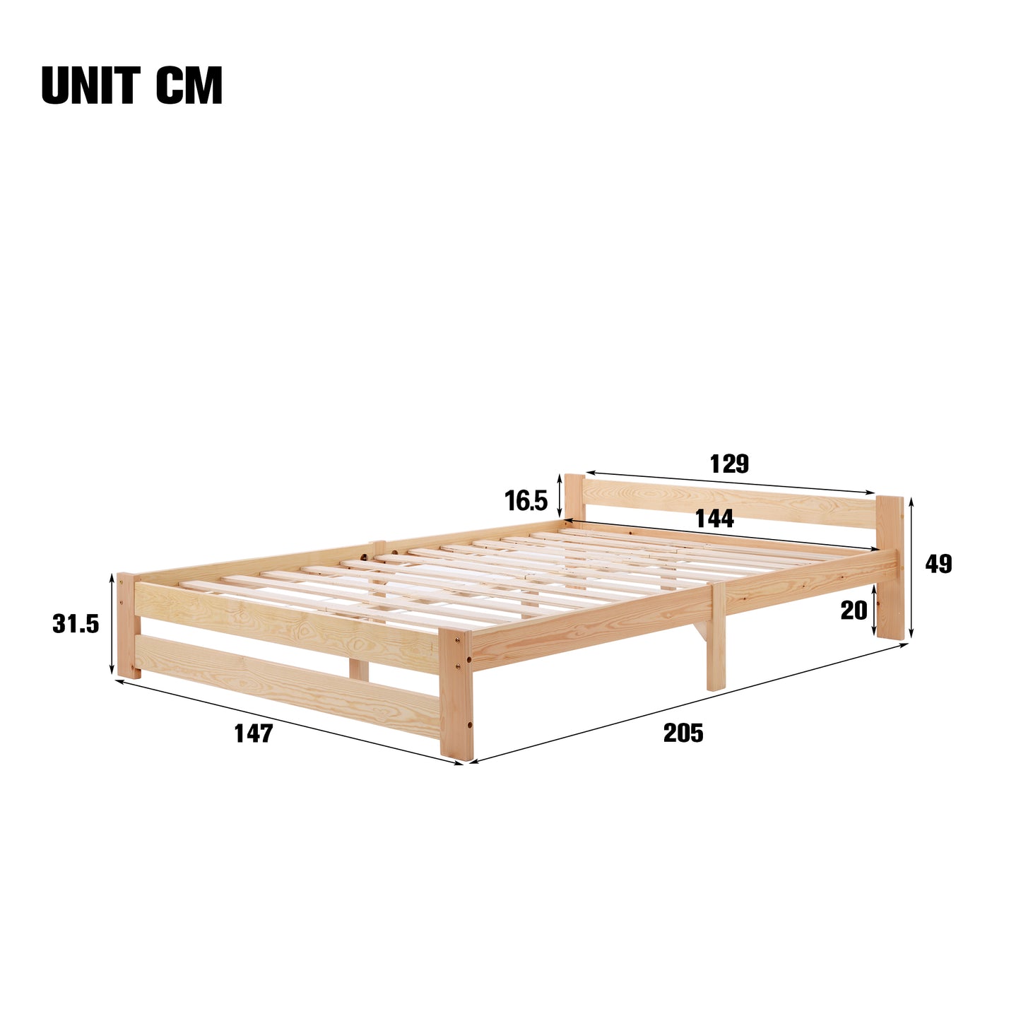 Natural Solid Wood Futon Bed with Headboard and Slatted Frame - 200x140cm