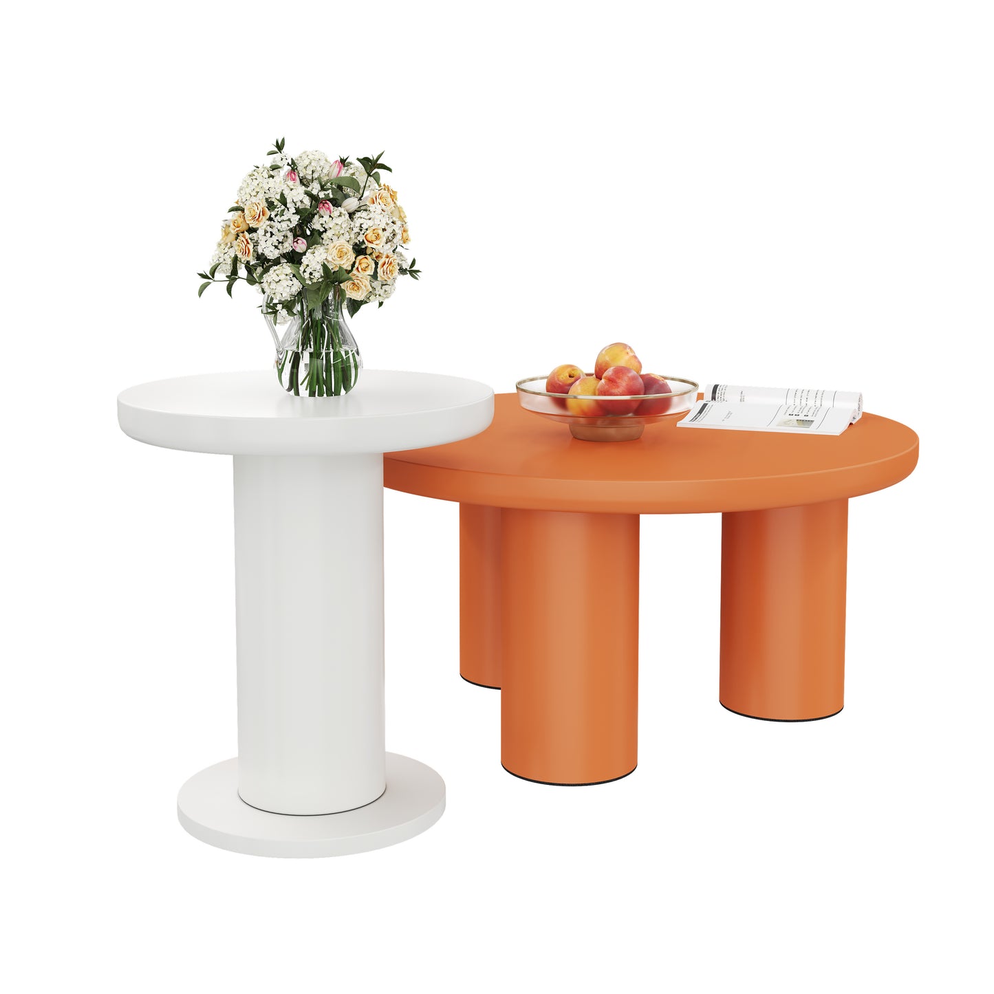 Stylish Round Coffee Table Set-White,Orange with Cream Accents