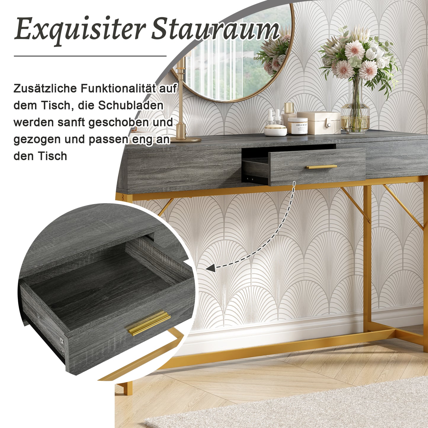 (Z)Console table Hallway Table with 1 Drawer Light Luxury Style Side Table Sofa Table 120x38x76 cm Grey/Gold