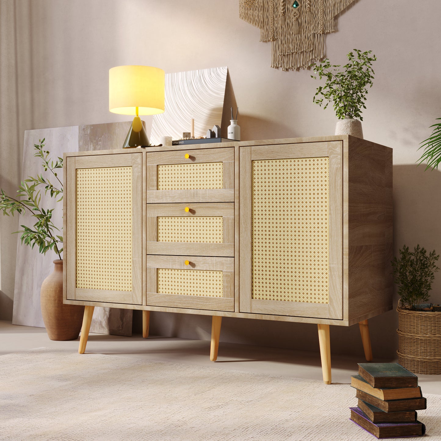 (Z)Rattan Sonoma oak chest of drawers with 2 doors 3 drawers,adjustable shelf,solid wood feet