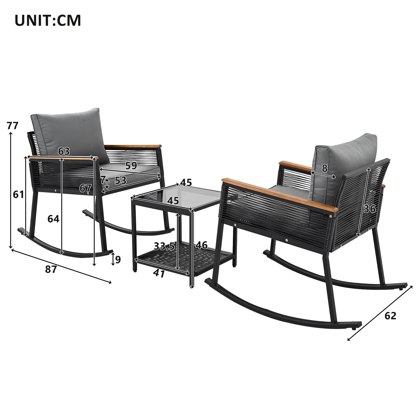 3-piece set, rope rocking chair set, glass coffee table with seat cushion and backrest, suitable for garden, terrace