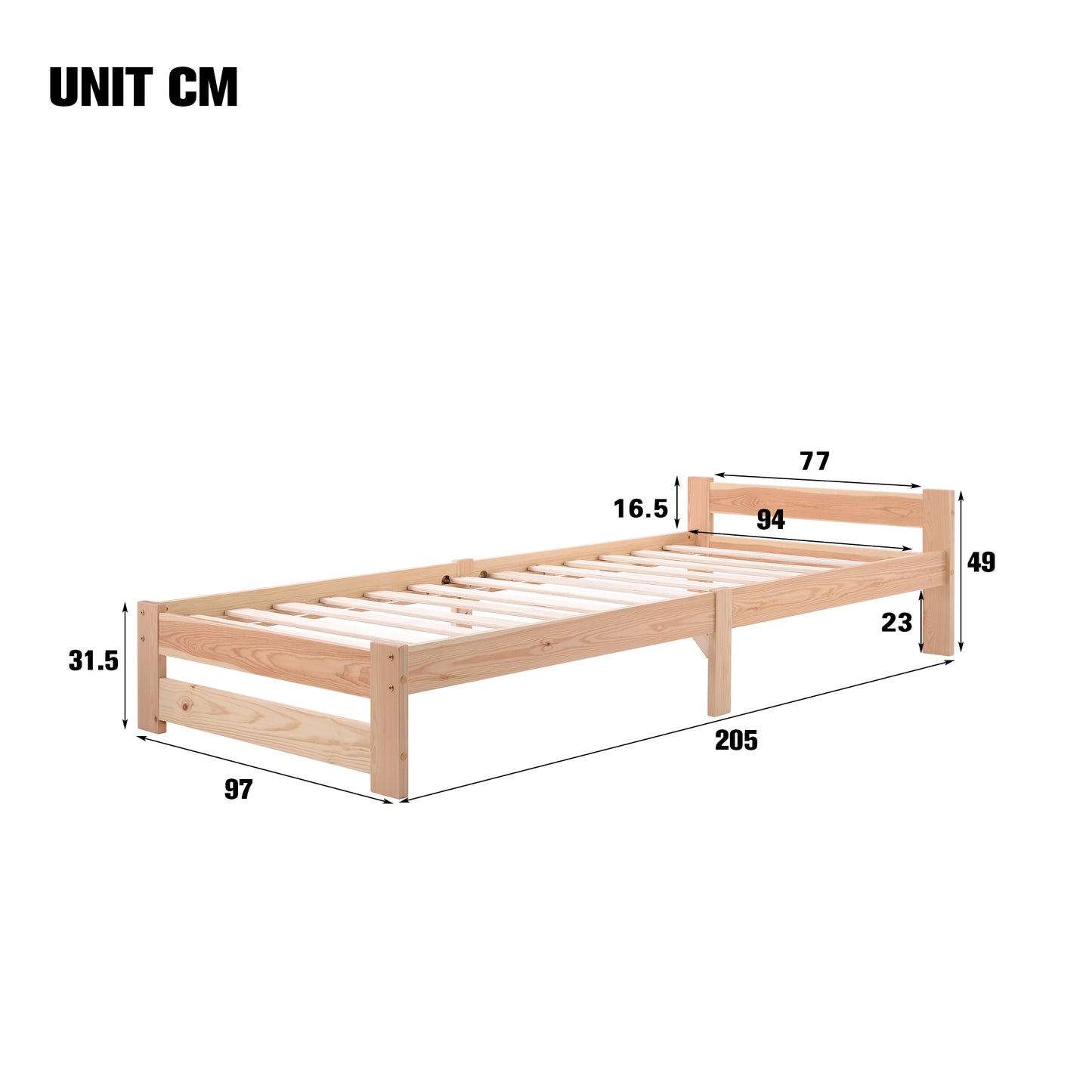 Natural Solid Wood Futon Bed with Headboard and Slatted Frame