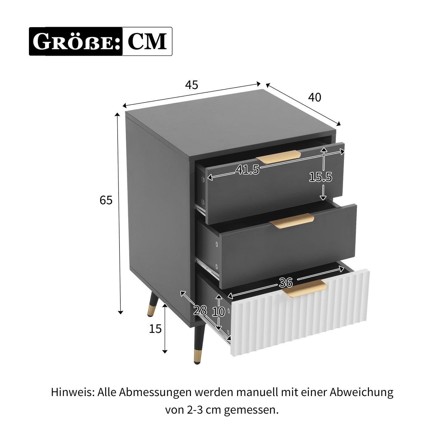 (Z)Elegant Grey and White Side Cabinet 45x40x65 cm - With 3 Drawers and Golden Accents Versatile and Safe Sideboard Side cabinet Sofa Table or Bedside Table