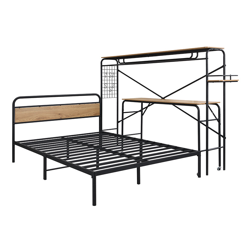 Black Metal Bed with Table, Vertical Coat Rack, and Storage - 140x200 cm