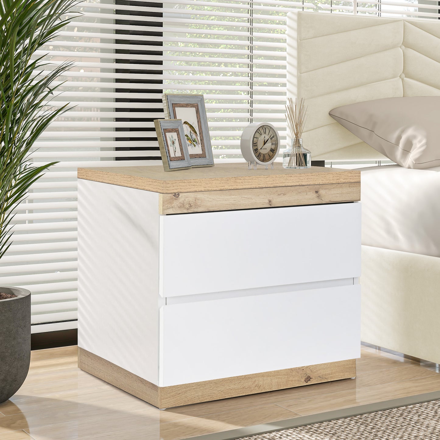 Stylish Bedside Table with Storage - White Oak