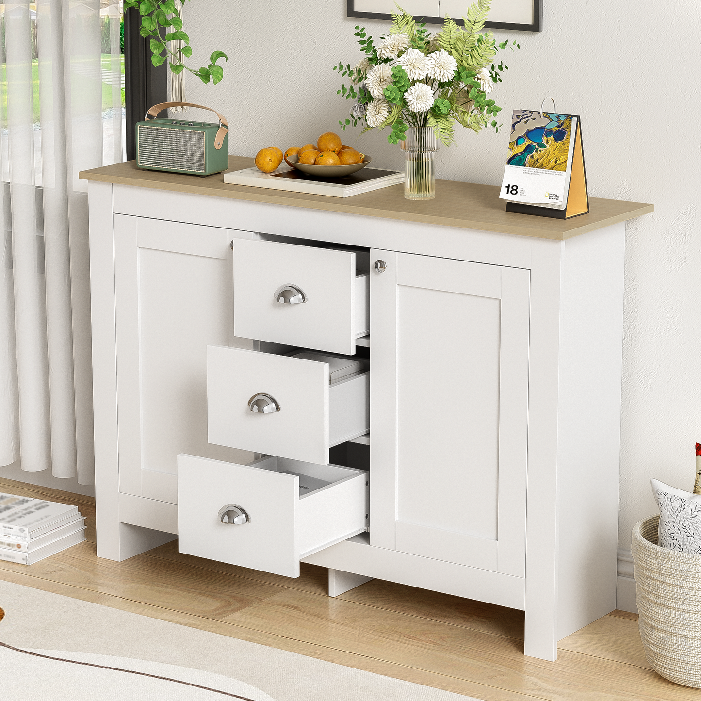 116cm Warm White Wooden Sideboard with 2 Doors, 3 Drawers,Silver Handles