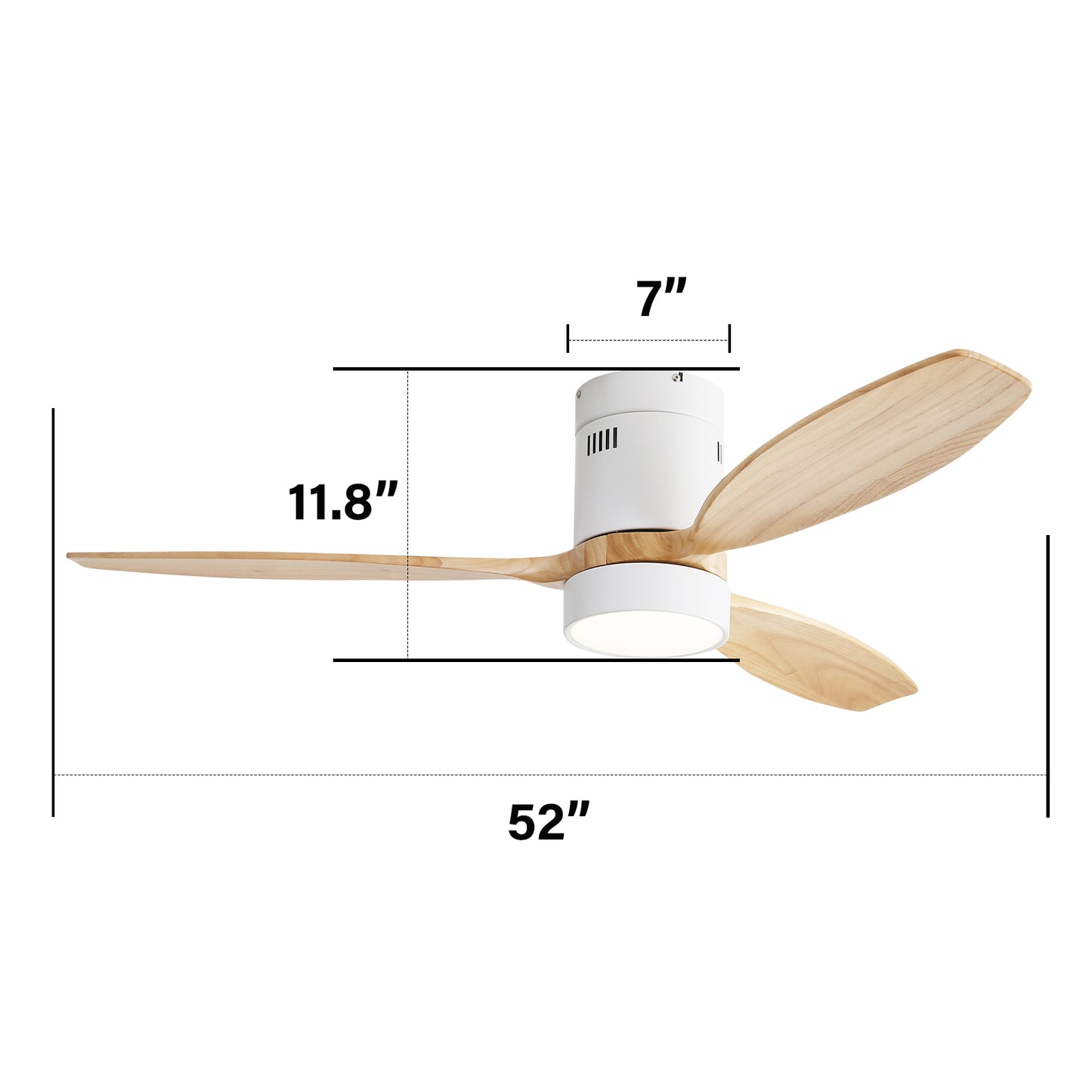 52" Flush Mount Ceiling Fan with DC Motor, 3 Solid Wood Blades, Noiseless Reversible Motor, Remote Control & Light