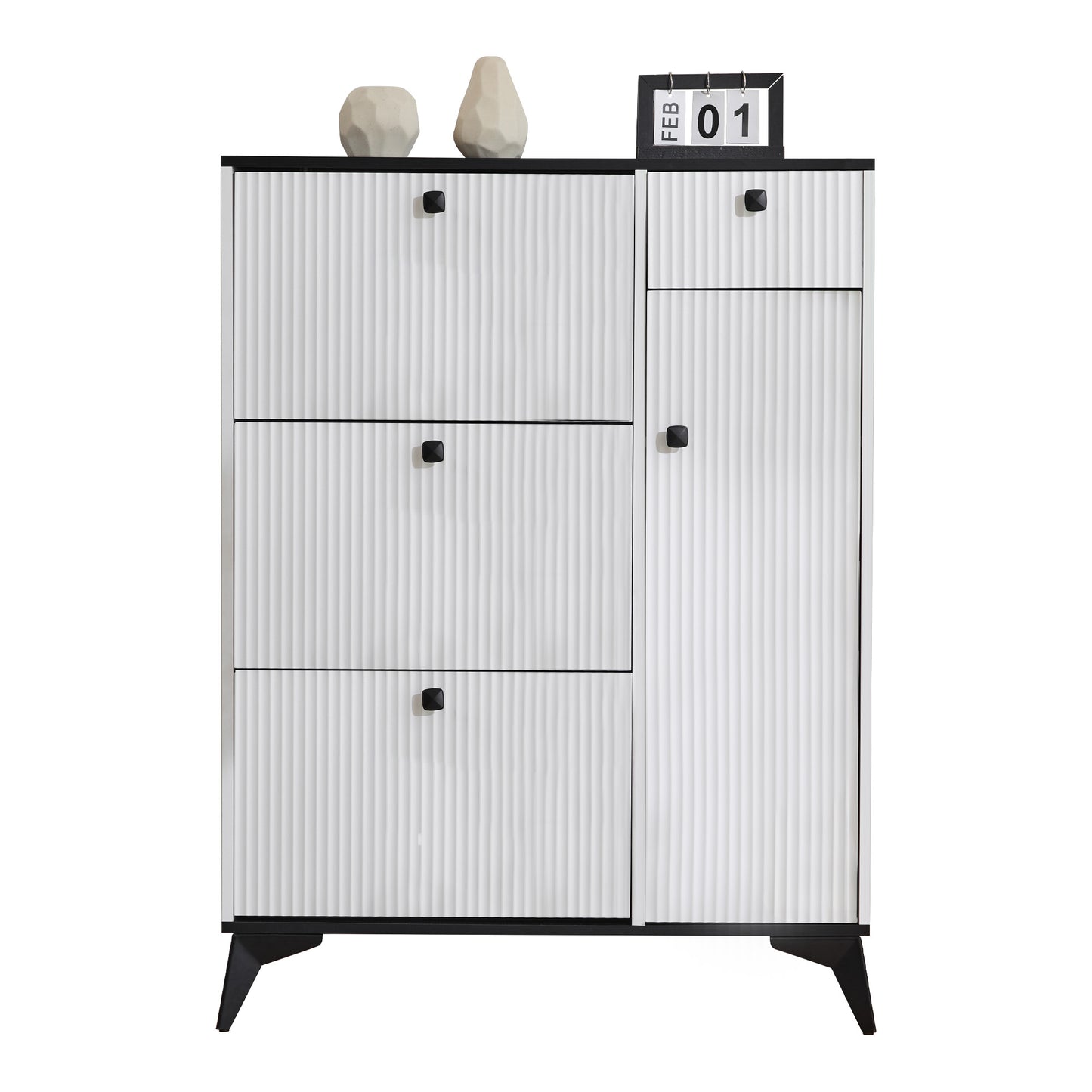 White Narrow Shoe Cabinet with 3 Flaps, 1 Drawer, and 1 Door