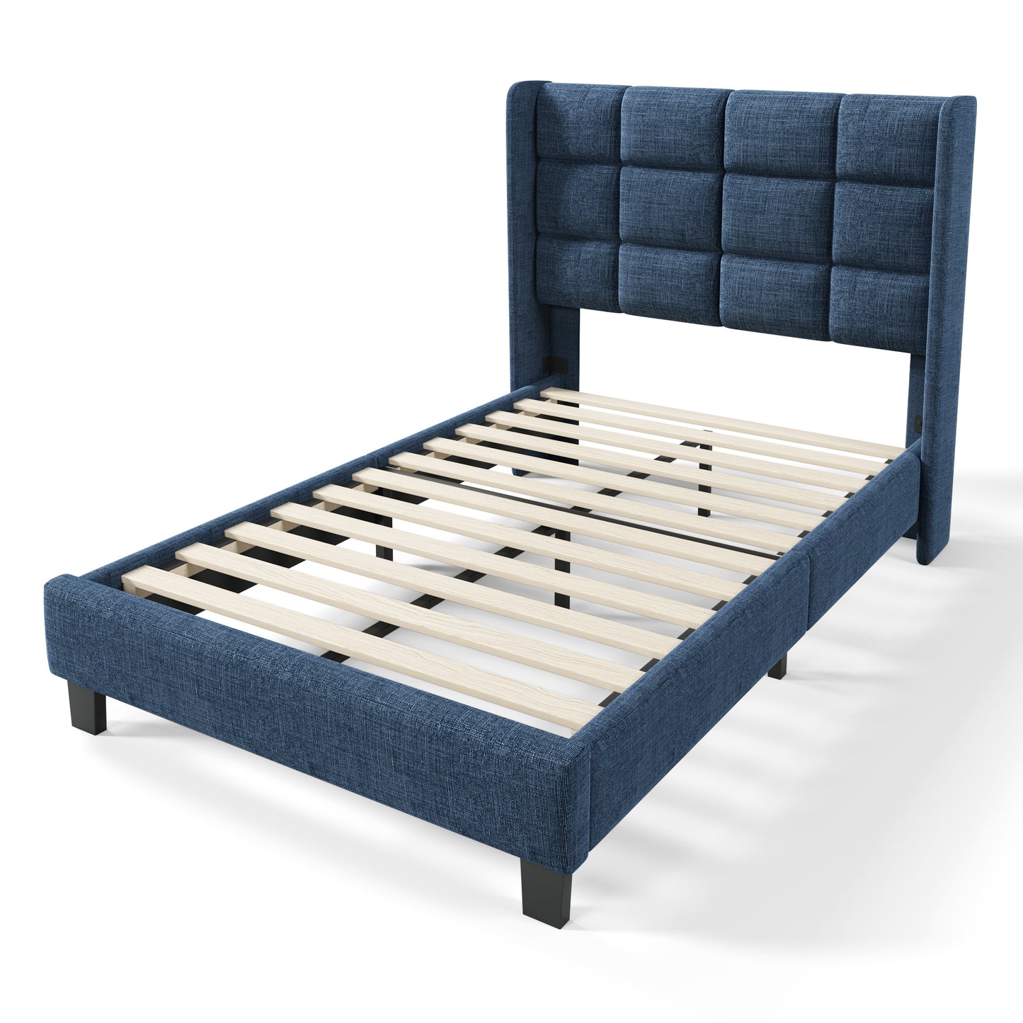 (Z)Simple style blue linen single bed frame with bed board, without mattress