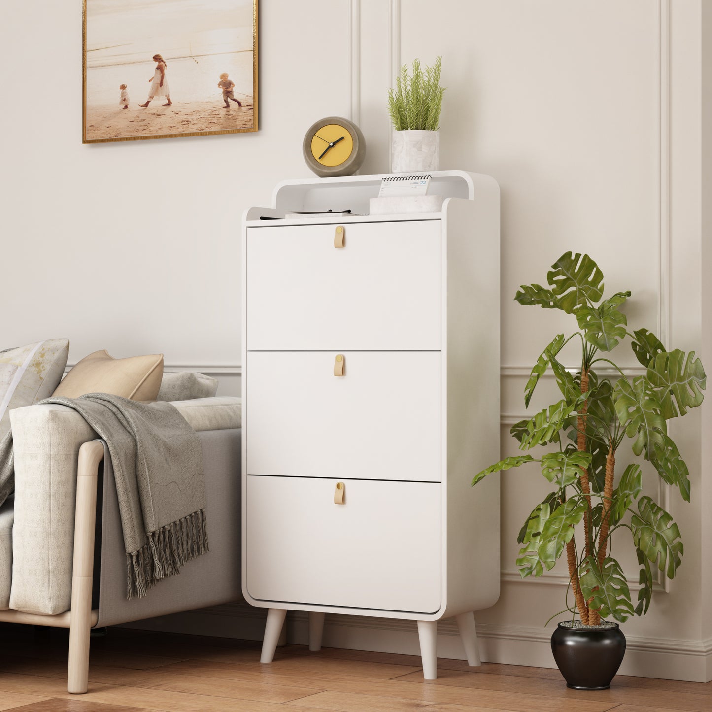 White Freestanding Shoe Storage Cabinet with 3 Folding Drawers, Tilting Organizer & Top Compartment for Entryway